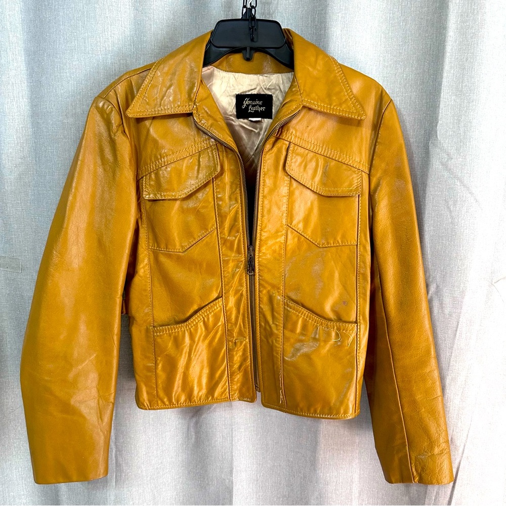 Vintage Tan Genuine Leather Jacket – Size S/M